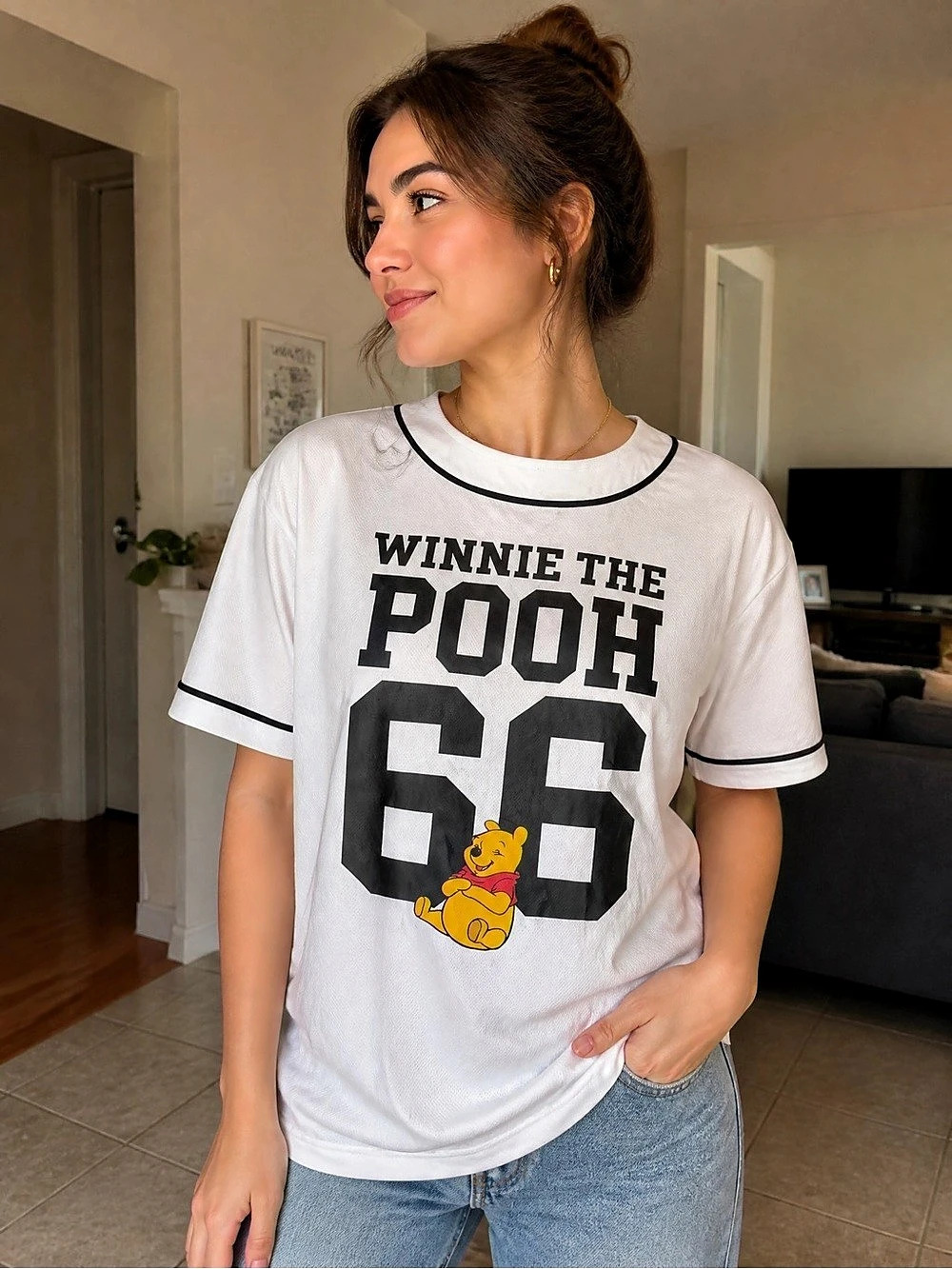 ✴️New✴️Disney Winnie the Pooh 66 Baseball Jersey in White & Black